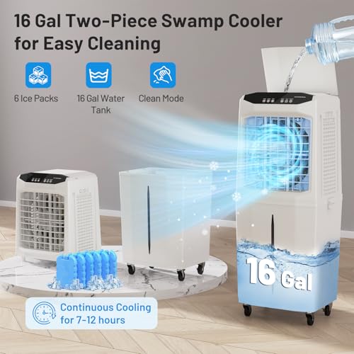 Portable Evaporative Air Cooler 4800CFM 3-in-1 Swamp Cooler with 16Gal Tank