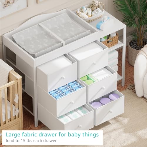 Baby Dresser with Changing Table Top, 6 Fabric Drawers & Nursery Shelf