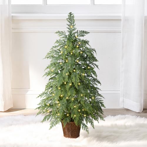 Ferrgoal 3ft Prelit Small Christmas Tree with Warm White LED Lights, Rustic Woven Basket Base, Green