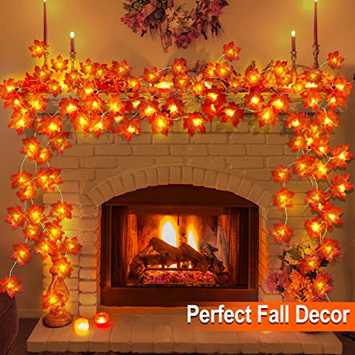 Lighted Fall Maple Leaf Garland with Timer - 2 Pack 20ft String Lights