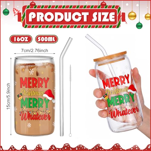 SiliFine Christmas Glass Cups with Lid & Straw - Santa Design, 16 oz, 6 Pack