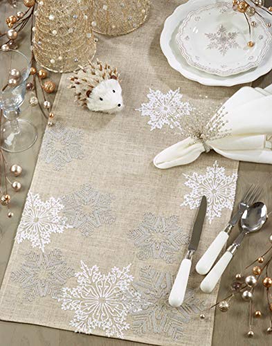 Saro Lifestyle Embroidered Snowflake Table Runner 16"x70" Natural