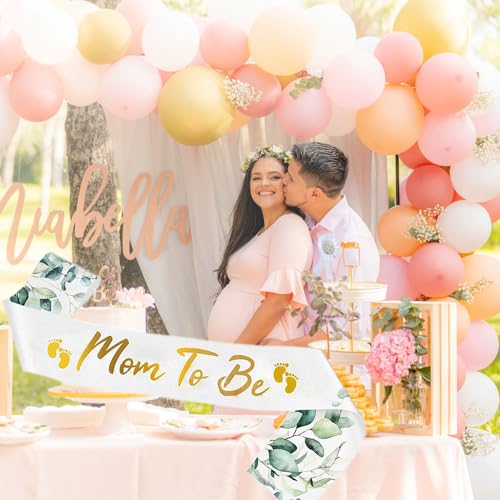 Mom To Be Sash and Daddy To Be Badge Pin Set, Sage Greenery Baby Shower