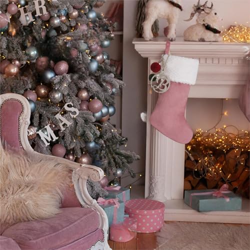 Personalized Pink Velvet Christmas Stocking with Gold Wooden Initial 19.5"
