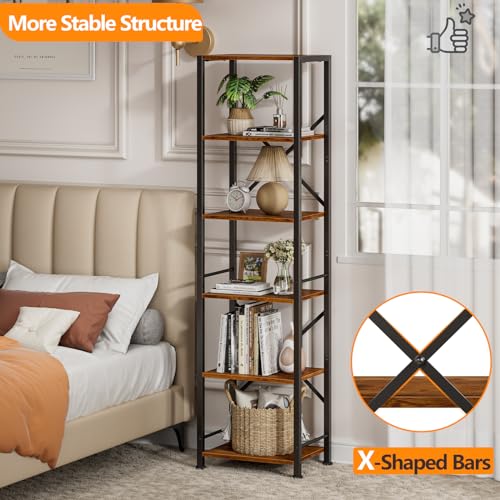 6-Tier Tall Narrow Bookshelf, Rustic Industrial Display Storage Shelf