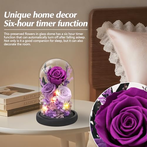 Preserved Purple Rose in Glass Dome with LED Lights, Romantic Gift for Her