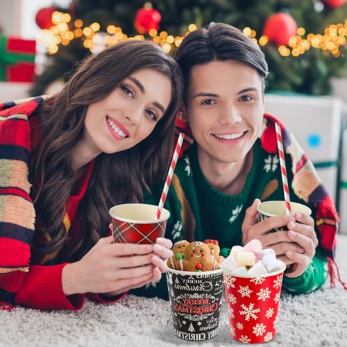 FoldTier 240-Count Classic 9 oz Christmas Hot Cocoa Cups with 240 Straws – Includes Festive Designs