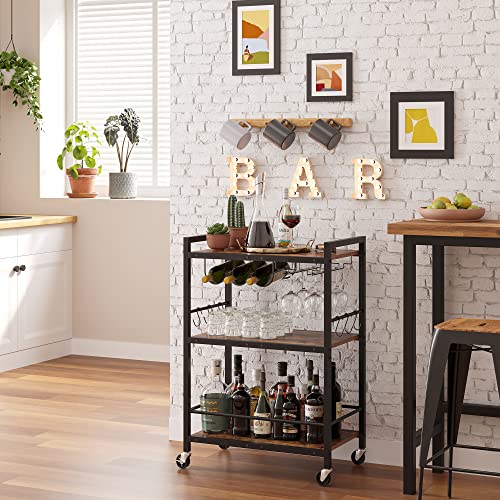3-Tier Mobile Bar Cart with Wine Rack, Glass Holder and Storage Hooks