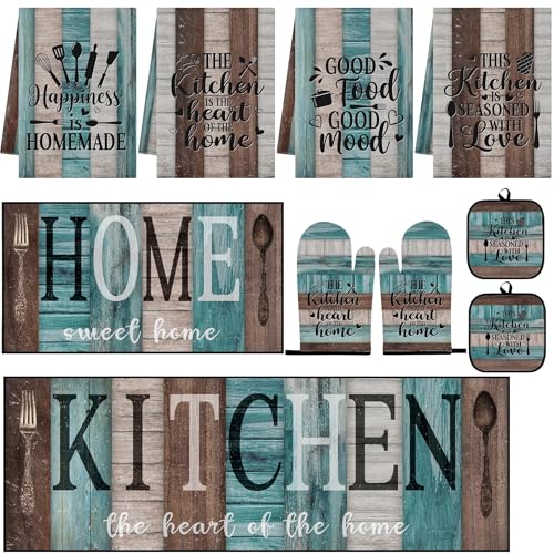 10-Piece Farmhouse Kitchen Decor Set, Turquoise Teal Towels, Rugs & Mitts