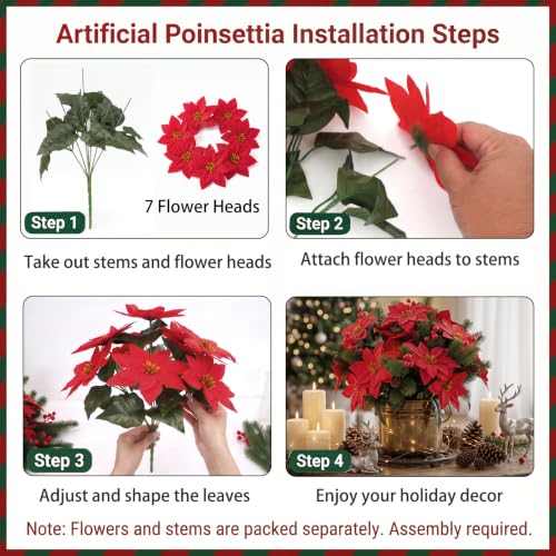 ZeKonan Artificial Poinsettia Stems Christmas Flowers for Holiday Decor