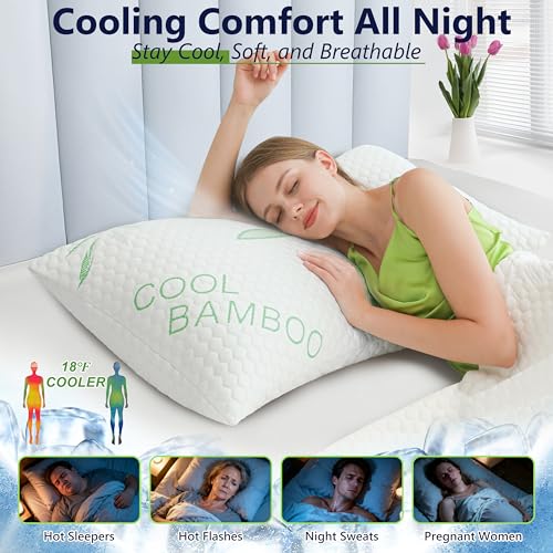 Queen Size Cooling Memory Foam Pillows Set of 2 - Adjustable Firm Bamboo