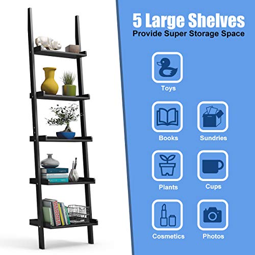 5-Tier Wood Ladder Shelf, Modern Leaning Display Rack for Home & Office