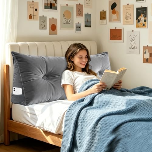 Wedge Headboard Pillow for Twin/Twin XL Beds - Soft Velvet with Pockets