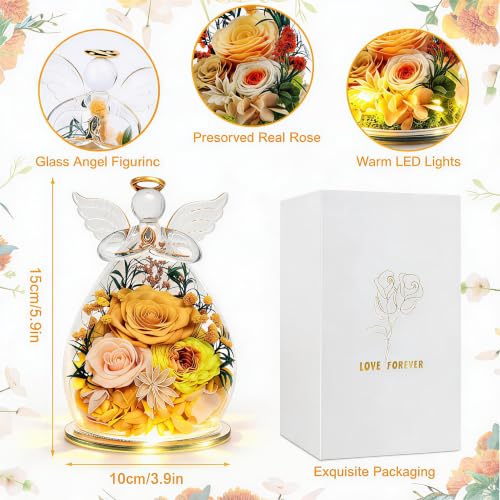 SerPro Preserved Rose Angel Figurine with Warm LED Lights in Glass Dome (Yellow) — Gifts for Women