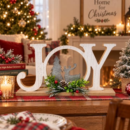 Rustic Wooden Christmas Joy Sign with Reindeer & Pinecone Decor - Farmhouse Holiday Table Centerpiece