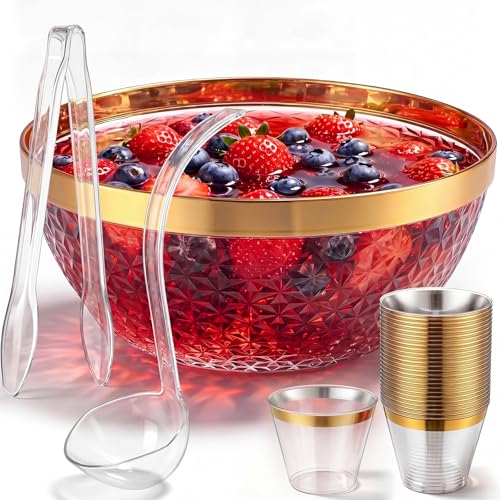 1.4 Gallon Gold Trim Punch Bowl Set with 25 Cups, Ladle and Tongs