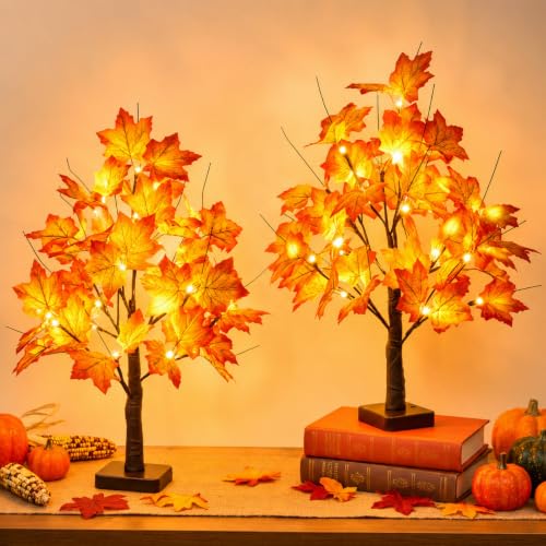 Lighted Artificial Fall Maple Tree - 22" Battery Operated with 24 LEDs - 2 Pack Fall Decorations for Indoor Use