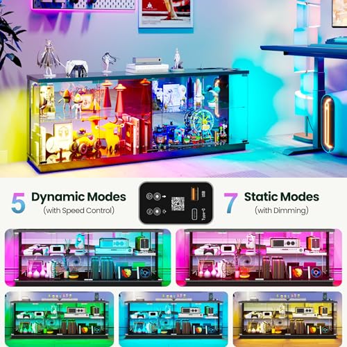 59-Inch Large Display Cabinet with Glass Doors, RGB Lights & Charger