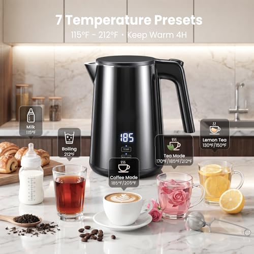 1.0L Electric Kettle, 1200W Fast Boil with 7 Temp Settings & Keep Warm