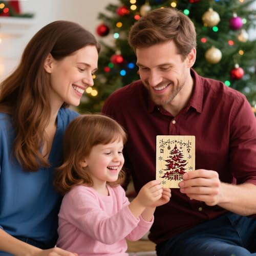 Wooden Christmas Card - Tree with Sparkling Sequins & Envelope - Handmade Holiday Greeting Card for Men Women Kids Friends Family