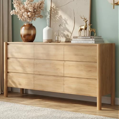 63-Inch 9-Drawer Oak Dresser, Mid-Century Modern Wood Bedroom Chest