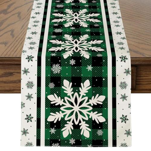 OTOSTAR Green Buffalo Plaid Snowflake Christmas Table Runner 13x60 Inches for Holiday Decor