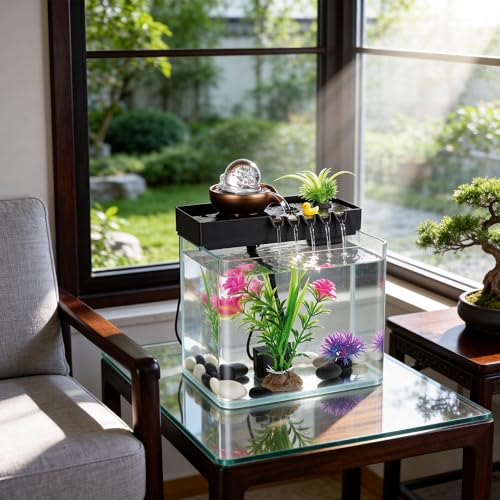 Indoor Tabletop Water Fountain with Fish Tank and Mist Humidifier