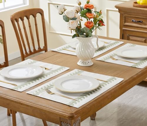 Wracra Embroidered Place Mats Set of 6 - Light Sage Green & Cream, 13x18 Inch