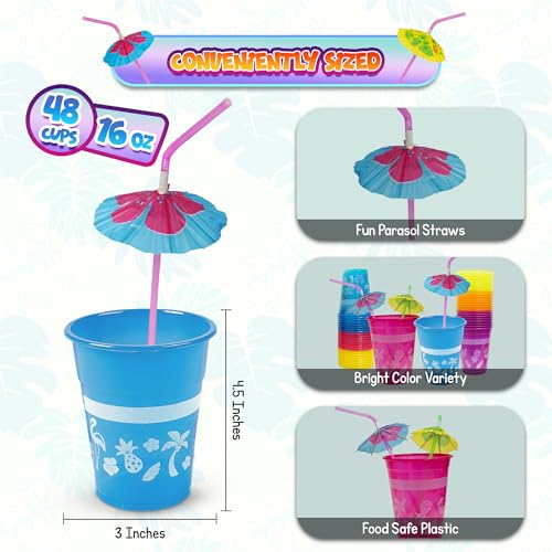 48-Pack Tropical Party Cups with Parasol Straws - 16oz Disposable Luau Drinkware