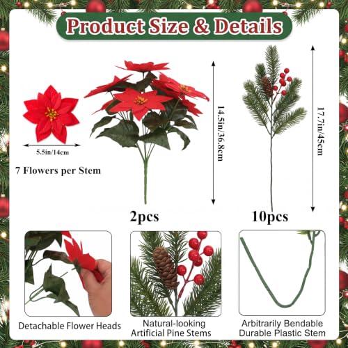 ZeKonan Artificial Poinsettia Stems Christmas Flowers for Holiday Decor
