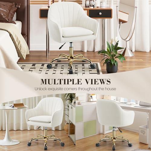 Velvet Vanity Desk Chair with Wheels - Adjustable Swivel Makeup Chair, Beige