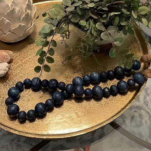 32-Inch Rustic Blue Wooden Bead Garland with Tassel, Boho Farmhouse Decor