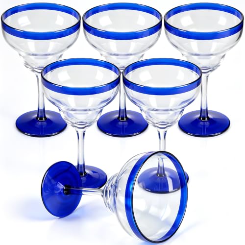 Vesici 6-Pack Hand-Blown Mexican Margarita Glasses 16oz with Cobalt Blue Rim