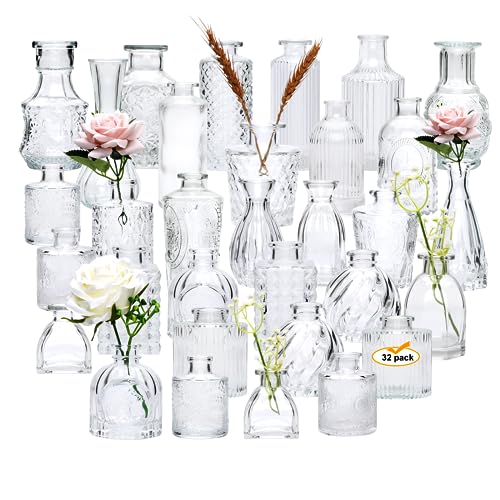 Clear Glass Bud Vases Set of 32 - Small Mini Flower Vases for Centerpieces