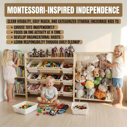4-in-1 Kids Toy Storage Organizer with Bookcase and Plushie Zoo