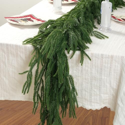 Trytuny 2Pcs 6ft Christmas Norfolk Pine Garland with Pine Cones & Red Berries, Real-Touch LED Christmas Greenery for Indoor/Outdoor