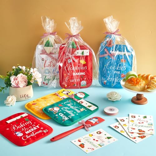 Christmas Pot Holders with Pockets & Silicone Spatulas Set – Heat-Resistant Oven Mitts Gift Pack