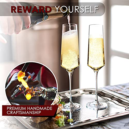Set of 6 Hand Blown Crystal Champagne Flutes - 8oz Elegant Stemware Gift