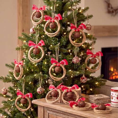 Hollowfly 12 Pcs Western Christmas Bell Ornaments Set with Hemp Loops