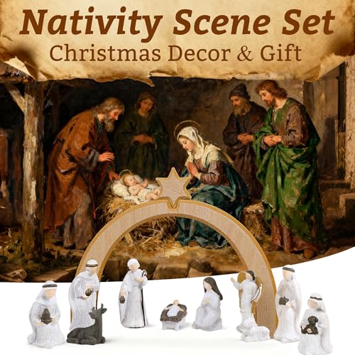 11-Piece Christmas Nativity Set with Wooden Arched Stable & Resin Figurines