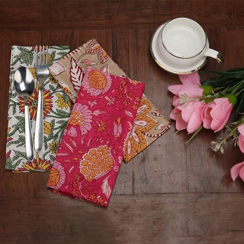 10-Piece Hand Block Print Cotton Napkins, Floral Table Linens 16x16 Inch