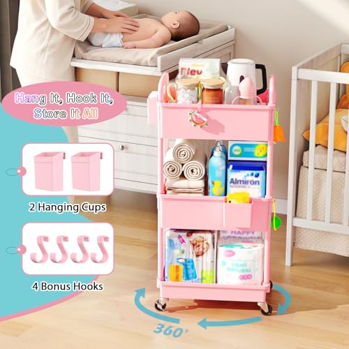3-Tier Rolling Diaper Caddy Cart for Nursery Storage with Lockable Wheels