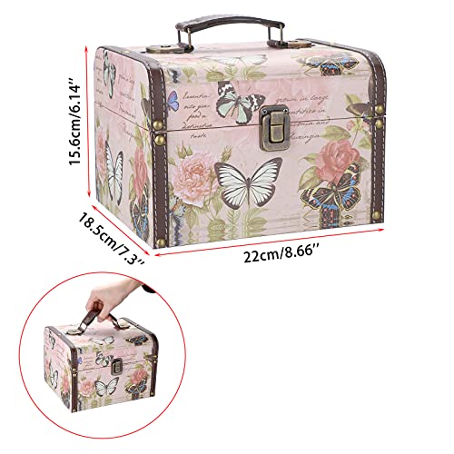 Large Vintage Wooden Treasure Chest Jewelry Box with Butterfly Pattern