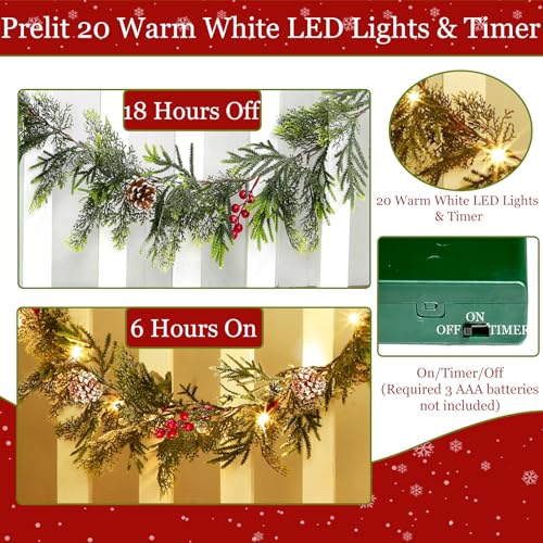 TURNMEON 6FT Flocked Cedar Garland with Lights Timer Prelit Christmas Decor