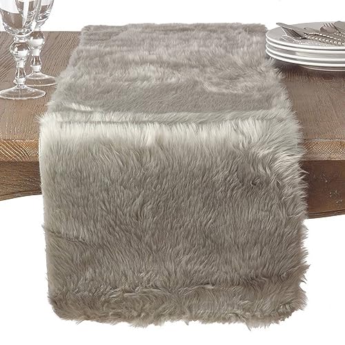 SARO LIFESTYLE Grey Faux Fur Table Runner 15x72 Inch - Elegant Dining Decor