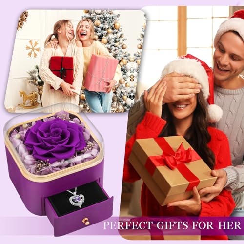 Preserved Real Purple Rose with Heart Necklace Jewelry Box Gift Set