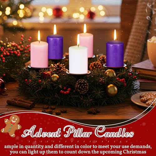 Amylove 10 Pcs 3x6 Inch Unscented Advent Candle Set Pink Purple White for Christmas Wreaths