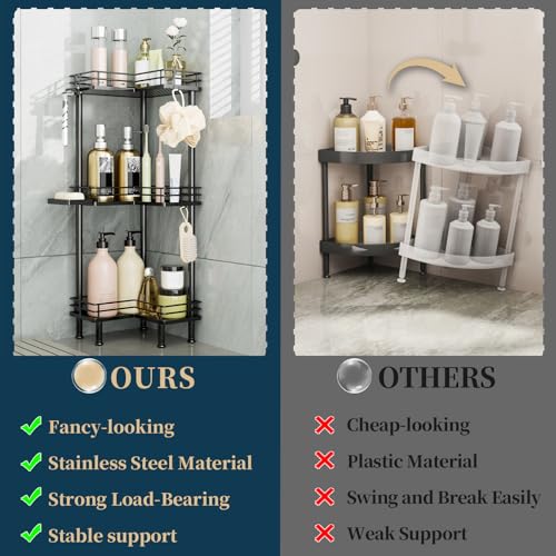 3-Tier Stainless Steel Corner Shower Caddy Stand with Hooks