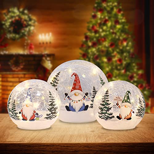 Lighted Christmas Gnome Crackle Glass Globes - Set of 3 with Timer