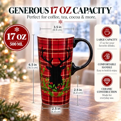 Topadorn Christmas Plaid Deer Ceramic Coffee Mug with Lid, 17oz Travel Cup